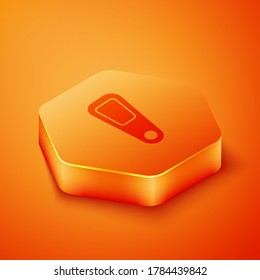 Icono de espejo de mano isométrica aislado en fondo naranja. Botón hexágono naranja. Ilustración vectorial