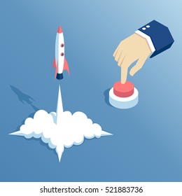 isometric hand presses the button and launches a rocket or spacecraft,  the concept of a startup