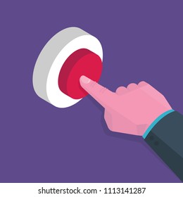 Isometric hand presses red button, start up concept. Vector illustration in flat style.