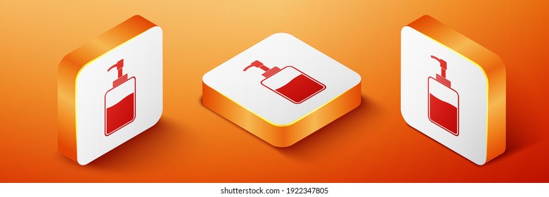 Isometric Hand sanitizer bottle icon isolated on orange background. Disinfection concept. Washing gel. Alcohol bottle for hygiene. Orange square button. Vector.