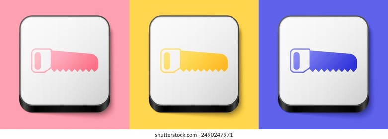 Isometric Hand saw icon isolated on pink, yellow and blue background. Square button. Vector