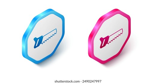 Isometric Hand saw icon isolated on white background. Hexagon button. Vector