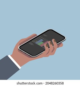 Isometric hand with smartphone.  Businessman. Stock market  trading graph, exchange. Schedule. Analytical data. Businessman hand. Diagram on smartphone screen. 