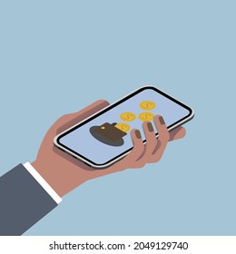 Isometric hand with smartphone. Hand holding smartphone. Wallet with falling coins on the screen. Businessman hand. Blue background. Colored illustration