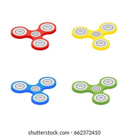 Isometric Hand Spinner isolated on white background. Vector triple spinner fidget toy icon. Fidget spinner icon - toy for stress relief and improvement of attention span. Isometric icon fidget spinner