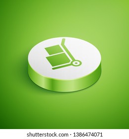 Isometric Hand truck and boxes icon isolated on green background. Dolly symbol. White circle button. Vector Illustration
