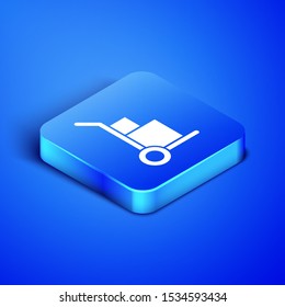 Isometric Hand truck and boxes icon isolated on blue background. Dolly symbol. Blue square button. Vector Illustration