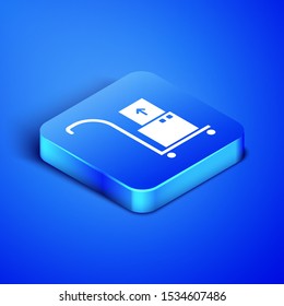 Isometric Hand truck and boxes icon isolated on blue background. Dolly symbol. Blue square button. Vector Illustration