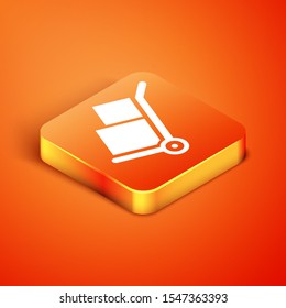 Isometric Hand truck and boxes icon isolated on orange background. Dolly symbol.  Vector Illustration