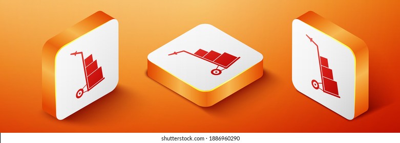 Isometric Hand truck and boxes icon isolated on orange background. Dolly symbol. Orange square button. Vector.