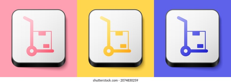 Isometric Hand truck and boxes icon isolated on pink, yellow and blue background. Dolly symbol. Square button. Vector