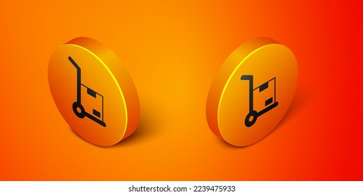Isometric Hand truck and boxes icon isolated on orange background. Dolly symbol. Orange circle button. Vector