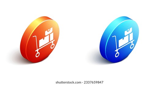 Isometric Hand truck and boxes icon isolated on white background. Dolly symbol. Orange and blue circle button. Vector
