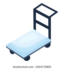 Isometric hand truck icon for transportation. Logistics. And warehouse industry. Featuring a vector illustration of a blue manual dolly for moving and carrying freight and cargo. On a white background