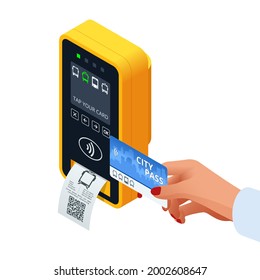 Isometric hand using paper smart card ticket to pay money for transportation at payment kiosk stand. E-ticket paper for traveler. Yellow validator