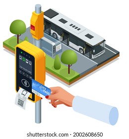 Isometric hand using paper smart card ticket to pay money for transportation at payment kiosk stand. E-ticket paper for traveler. Yellow validator