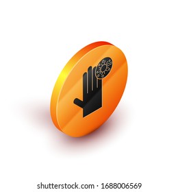 Isometric Hand with virus icon isolated on white background. Corona virus 2019-nCoV. Bacteria and germs, cell cancer, microbe, fungi. Orange circle button. Vector Illustration