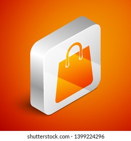 Isometric Handbag icon isolated on orange background. Shoping bag sign. Woman bag icon. Female handbag sign. Glamour casual baggage. Silver square button. Vector Illustration