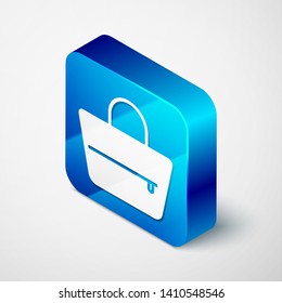 Isometric Handbag icon isolated on white background. Female handbag sign. Glamour casual baggage symbol. Blue square button. Vector Illustration