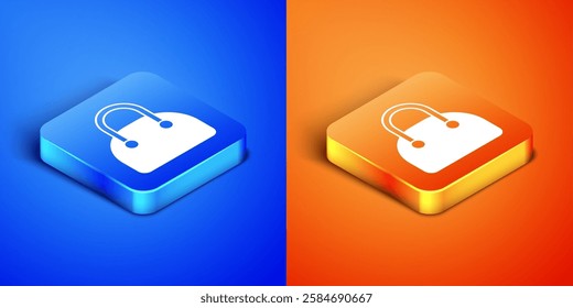 Isometric Handbag icon isolated on blue and orange background. Female handbag sign. Glamour casual baggage symbol. Square button. Vector