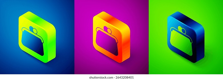 Isometric Handbag icon isolated on blue, purple and green background. Female handbag sign. Glamour casual baggage symbol. Square button. Vector