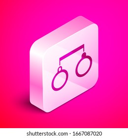Isometric Handcuffs icon isolated on pink background. Silver square button. Vector Illustration