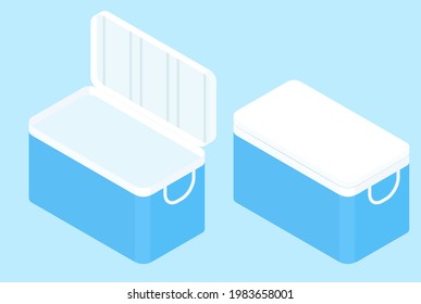 Isometric handheld blue refrigerator isolated on white background. Cartoon cooler box.