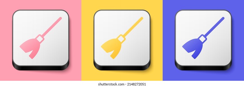Isometric Handle broom icon isolated on pink, yellow and blue background. Cleaning service concept. Square button. Vector