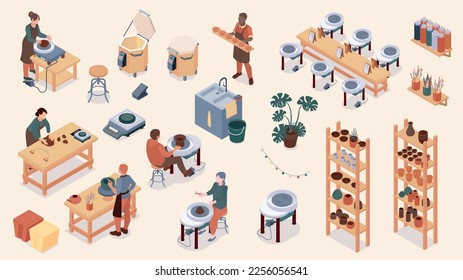 Isometric handmade pottery icon set shelves stove tables stools all other tools of the studio vector illustration