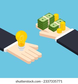 Las manos isométricas sostienen dinero y bombilla. Comprar concepto de idea. Nuevo negocio o inicio. Ilustración vectorial aislada en fondo azul.
