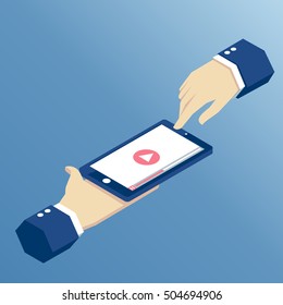 Isometric hands holding mobile phone on which the video will play, app for online video playback on the smartphone isometric illustration