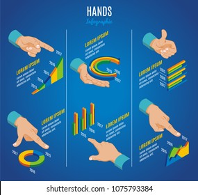 Isometric hands infographic concept with indicate hold okay showing touch gestures and business diagrams graphs charts isolated vector illustration
