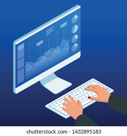 Isometric hands on the keyboard and computer monitor. Businesswoman work chart schedule, planning financial report data methodology.