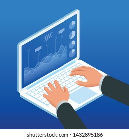 Isometric hands on the laptop keyboard. Businessman work chart schedule, planning financial report data methodology.