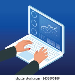 Isometric hands on the laptop keyboard. Businesswoman work chart schedule, planning financial report data methodology.