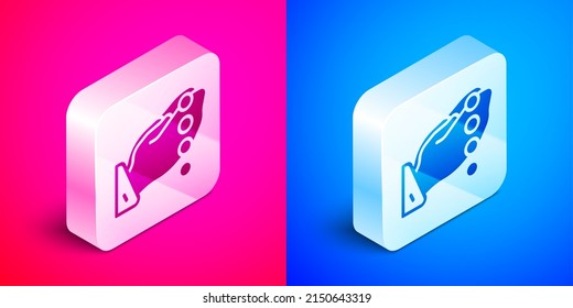 Isometric Hands in praying position with rosary icon isolated on pink and blue background. Praying hand islam muslim religion spirituality religious. Silver square button. Vector