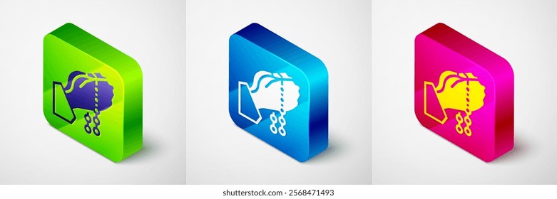 Isometric Hands in praying position with rosary icon isolated on grey background. Praying hand islam muslim religion spirituality religious. Square button. Vector