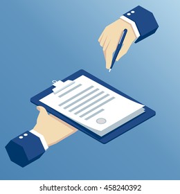 isometric hands sign a contract, signing agreement business concept, isometric hand takes the contract to sign