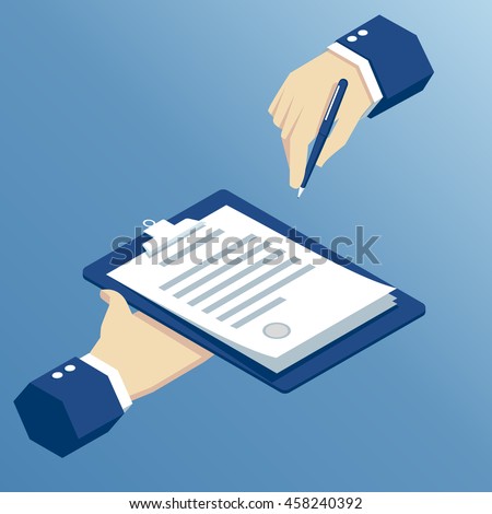 isometric hands sign a contract, signing agreement business concept, isometric hand takes the contract to sign