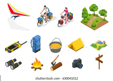 Isometric hang glider, bikers on bicycle with travelling bag for travel, Camping equipment isolated on white Vector collection. Base camp gear and accessories.