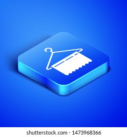 Isometric Hanger wardrobe icon isolated on blue background. Clean towel sign. Cloakroom icon. Clothes service symbol. Laundry hanger sign. Blue square button. Vector Illustration