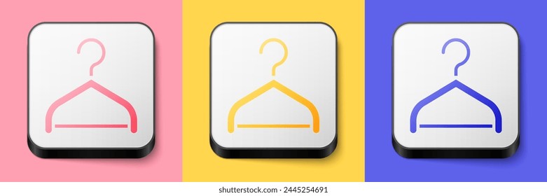 Isometric Hanger wardrobe icon isolated on pink, yellow and blue background. Cloakroom icon. Clothes service symbol. Laundry hanger sign. Square button. Vector