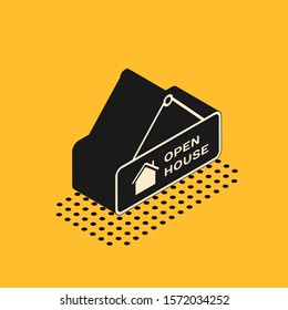 Isometric Hanging sign with text Open house icon isolated on yellow background. Signboard with text Open house.  Vector Illustration