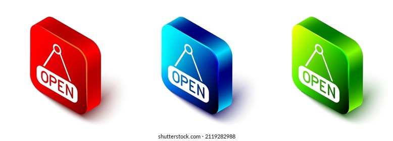 Isometric Hanging sign with text Open door icon isolated on white background. Red, blue and green square button. Vector
