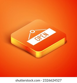 Signo de colgado isométrico con texto Icono de apertura de puerta aislado en el fondo naranja.  Ilustración vectorial