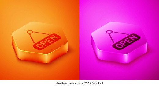 Letrero colgante isométrico con texto Icono de puerta abierta aislado sobre fondo naranja y rosa. Botón hexagonal. Vector