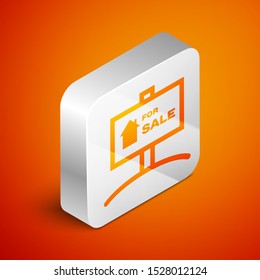 Isometric Hanging sign with text For Sale icon isolated on orange background. Signboard with text For Sale. Silver square button. Vector Illustration