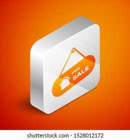 Isometric Hanging sign with text For Sale icon isolated on orange background. Signboard with text For Sale. Silver square button. Vector Illustration