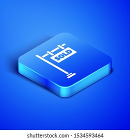 Isometric Hanging sign with text Sold icon isolated on blue background. Sold sticker. Sold signboard. Blue square button. Vector Illustration