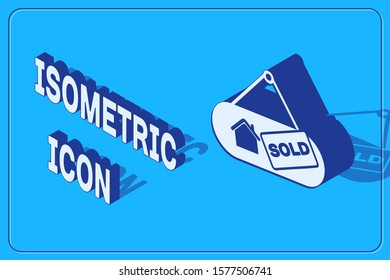 Isometric Hanging sign with text Sold icon isolated on blue background. Sold sticker. Sold signboard.  Vector Illustration